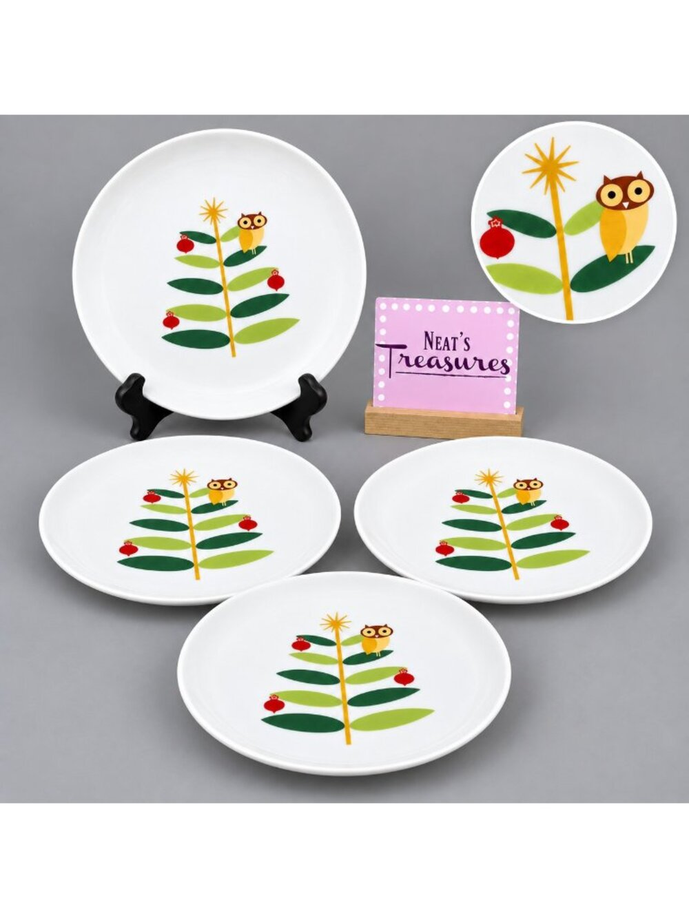 Rachael Ray HOLIDAY HOOT Christmas Tree Owl Stars Porcelain Salad Plates Set 4